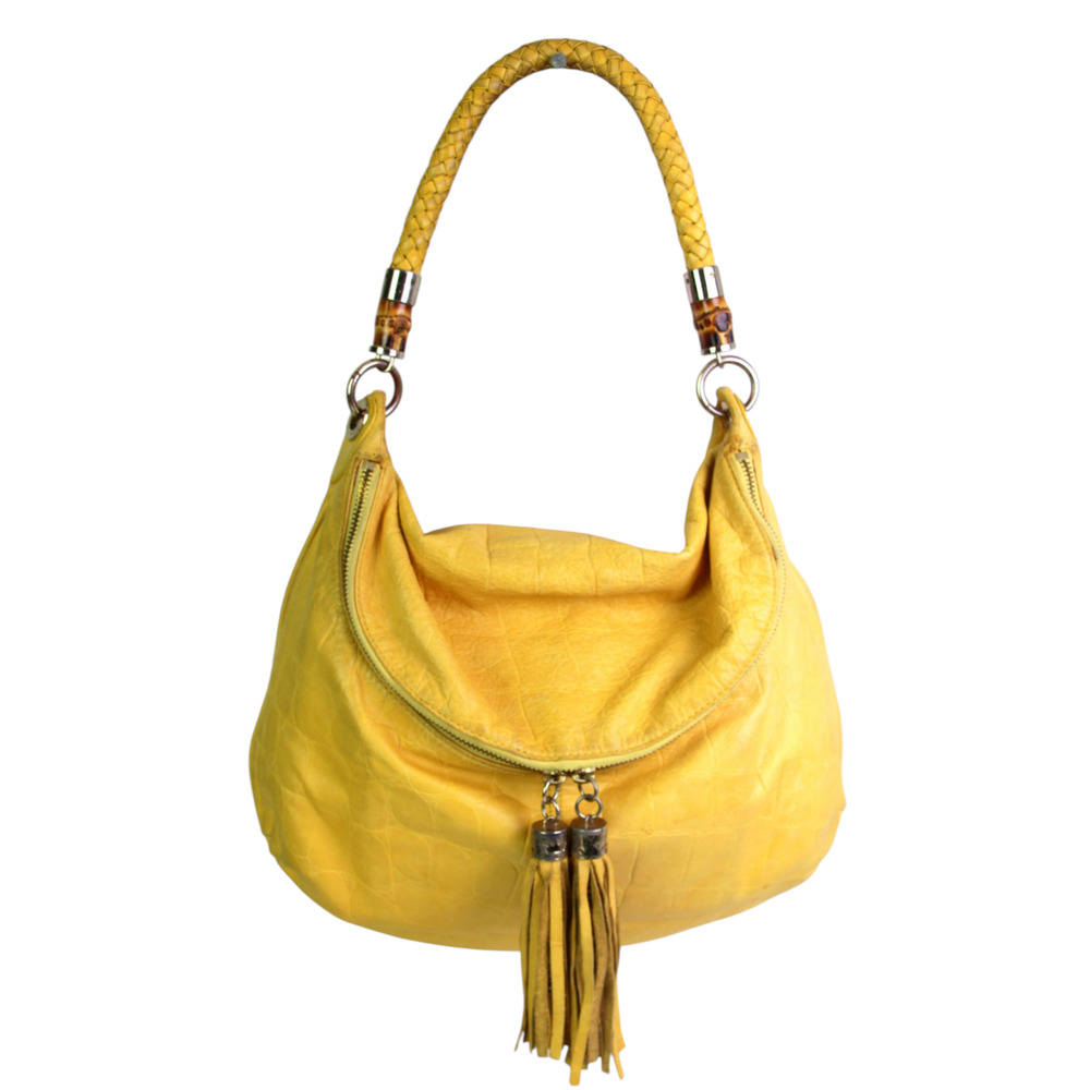 ROOMY Elaine Turner TOOLED YELLOW REAL LEATHER TASSELS SHOULDER BAG HOBO HANDBAG